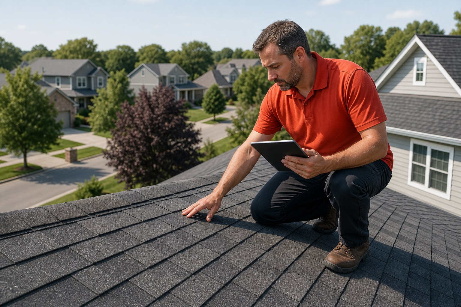Roofing inspector reviewing shingles with a tablet